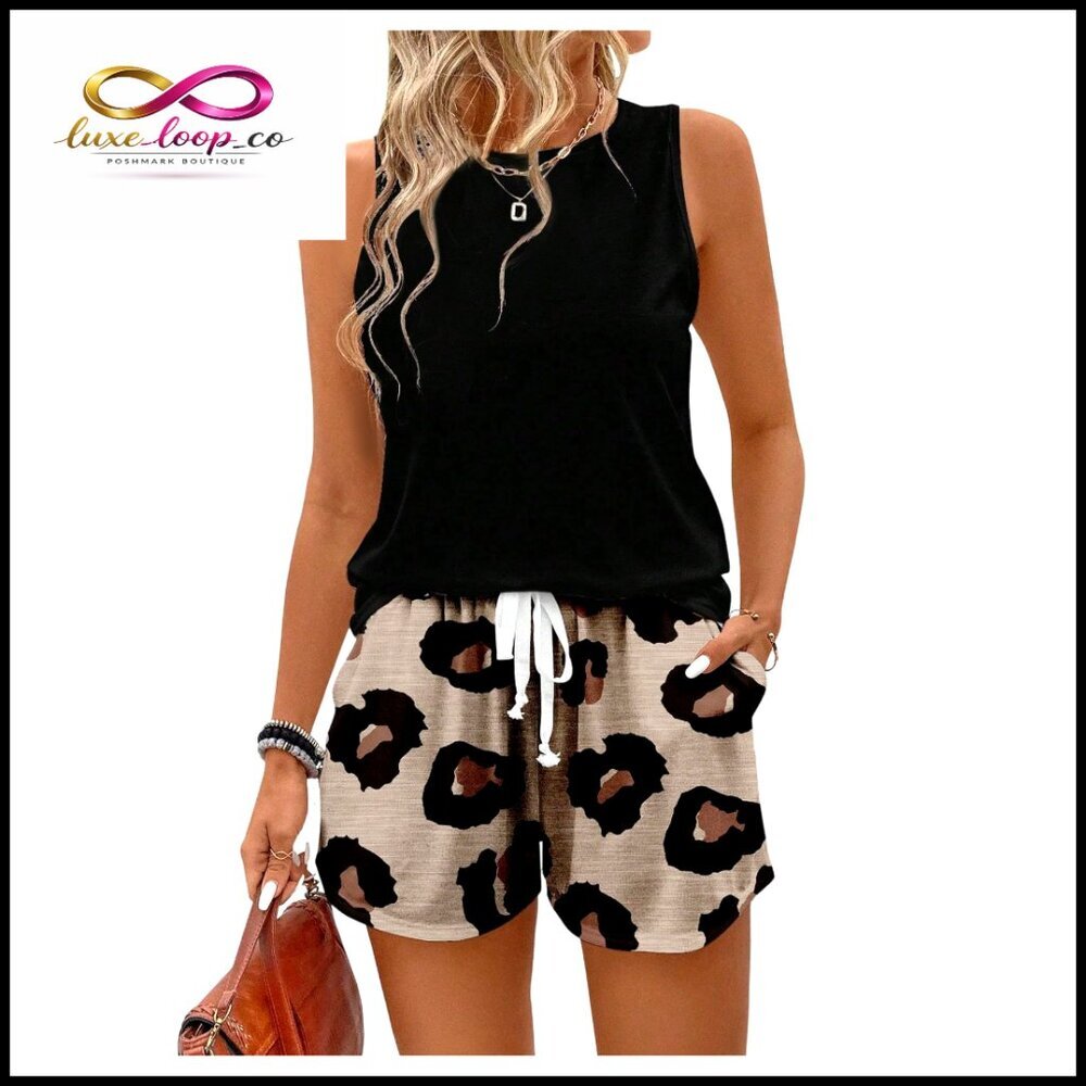 Sleeveless Tank Top and Leopard‎ Print Shorts Casual Summer Set Size Large